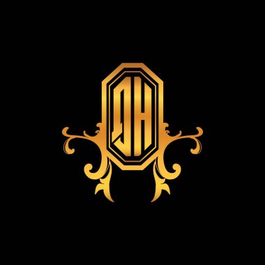 Modern geometrik altın stil tasarımlı QH Monogram logo harfi. Logo süsü, klasik monogram altın, süslemeli logo harfi.