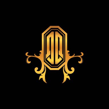 QQ Monogram logo harfi modern geometrik altın stil tasarımı. Logo süsü, klasik monogram altın, süslemeli logo harfi.