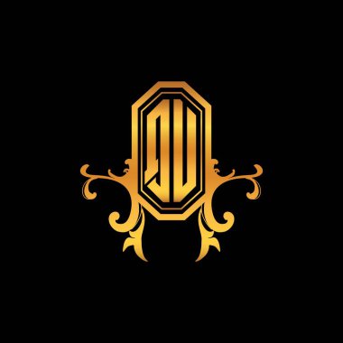 Modern geometrik altın stil tasarımlı QU Monogram logo harfi. Logo süsü, klasik monogram altın, süslemeli logo harfi.