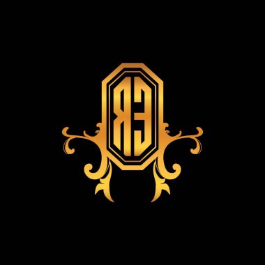 RE Monogram logo harfi modern geometrik altın stil tasarımı. Logo süsü, klasik monogram altın, süslemeli logo harfi.