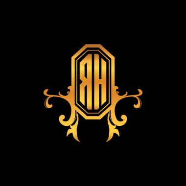 Modern geometrik altın stil tasarımlı RH Monogram logo harfi. Logo süsü, klasik monogram altın, süslemeli logo harfi.