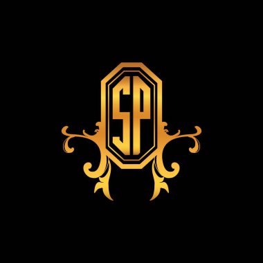 Modern geometrik altın stil tasarımlı SP Monogram logo harfi. Logo süsü, klasik monogram altın, süslemeli logo harfi.