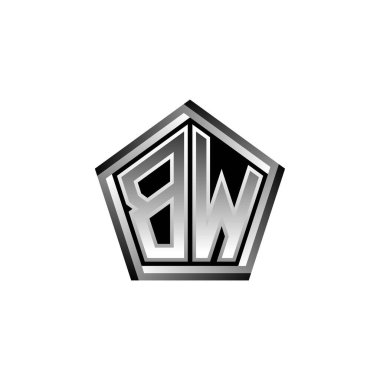 Modern geometrik gümüş şekilli BW Monogram logo harfi. Geometrik şekil yuvarlanmış, daire dikdörtgeni ve üçgen şekil logosu dizaynı