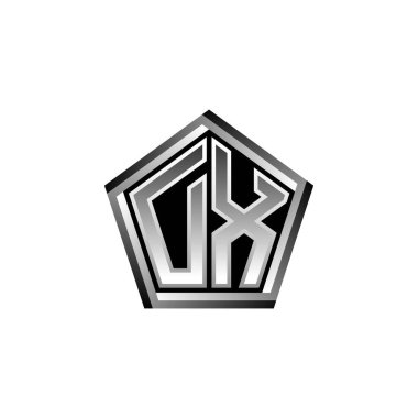 Modern geometrik gümüş stil tasarımlı DX Monogram logo harfi. Geometrik şekil yuvarlanmış, daire dikdörtgeni ve üçgen şekil logosu dizaynı