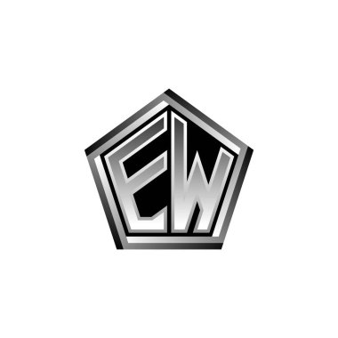 Modern geometrik gümüş şekilli EW Monogram logo harfi. Geometrik şekil yuvarlanmış, daire dikdörtgeni ve üçgen şekil logosu dizaynı