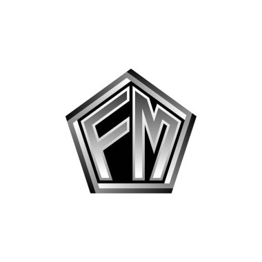 Modern geometrik gümüş stil tasarımlı FM Monogram logo harfi. Geometrik şekil yuvarlanmış, daire dikdörtgeni ve üçgen şekil logosu dizaynı