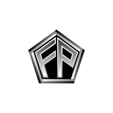Modern geometrik gümüş stil tasarımlı FP Monogram logo harfi. Geometrik şekil yuvarlanmış, daire dikdörtgeni ve üçgen şekil logosu dizaynı