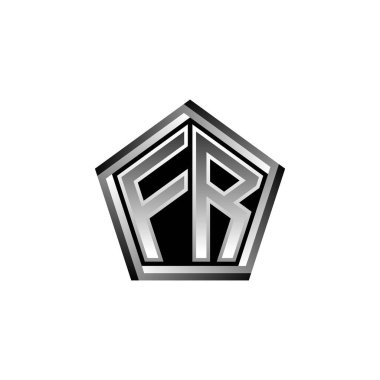 Modern geometrik gümüş stil tasarımlı FR Monogram logo harfi. Geometrik şekil yuvarlanmış, daire dikdörtgeni ve üçgen şekil logosu dizaynı