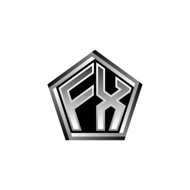 Modern geometrik gümüş stil tasarımlı FX Monogram logo harfi. Geometrik şekil yuvarlanmış, daire dikdörtgeni ve üçgen şekil logosu dizaynı