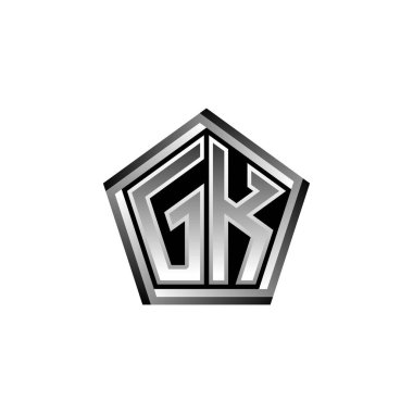 Modern geometrik gümüş şekilli GK Monogram logo harfi. Geometrik şekil yuvarlanmış, daire dikdörtgeni ve üçgen şekil logosu dizaynı