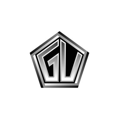 Modern geometrik gümüş şekilli GU Monogram logo harfi. Geometrik şekil yuvarlanmış, daire dikdörtgeni ve üçgen şekil logosu dizaynı
