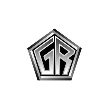 Modern geometrik gümüş şekilli GR Monogram logo harfi. Geometrik şekil yuvarlanmış, daire dikdörtgeni ve üçgen şekil logosu dizaynı