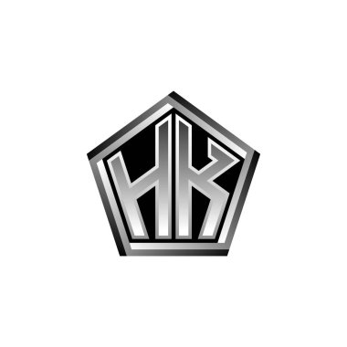 Modern geometrik gümüş şekilli HK Monogram logo harfi. Geometrik şekil yuvarlanmış, daire dikdörtgeni ve üçgen şekil logosu dizaynı