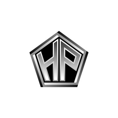 Modern geometrik gümüş tasarımlı HP Monogram logo harfi. Geometrik şekil yuvarlanmış, daire dikdörtgeni ve üçgen şekil logosu dizaynı