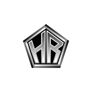 Modern geometrik gümüş şekilli HR Monogram logo harfi. Geometrik şekil yuvarlanmış, daire dikdörtgeni ve üçgen şekil logosu dizaynı
