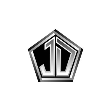 Modern geometrik gümüş stil tasarımlı JD Monogram logo harfi. Geometrik şekil yuvarlanmış, daire dikdörtgeni ve üçgen şekil logosu dizaynı