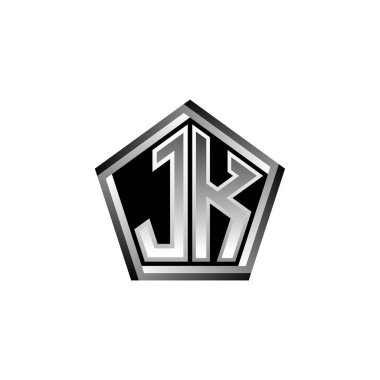 Modern geometrik gümüş şekilli JK Monogram logo harfi. Geometrik şekil yuvarlanmış, daire dikdörtgeni ve üçgen şekil logosu dizaynı
