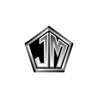 Modern geometrik gümüş stil tasarımlı JM Monogram logo harfi. Geometrik şekil yuvarlanmış, daire dikdörtgeni ve üçgen şekil logosu dizaynı