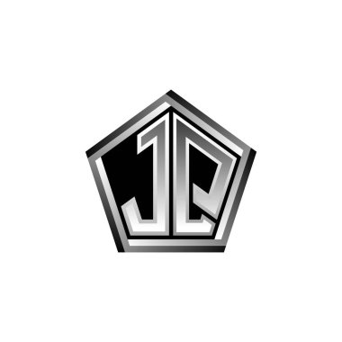 Modern geometrik gümüş stil tasarımlı JQ Monogram logo harfi. Geometrik şekil yuvarlanmış, daire dikdörtgeni ve üçgen şekil logosu dizaynı