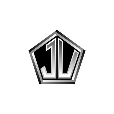 Modern geometrik gümüş şekilli JU Monogram logo harfi. Geometrik şekil yuvarlanmış, daire dikdörtgeni ve üçgen şekil logosu dizaynı