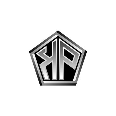 Modern geometrik gümüş şekilli KP Monogram logo harfi. Geometrik şekil yuvarlanmış, daire dikdörtgeni ve üçgen şekil logosu dizaynı