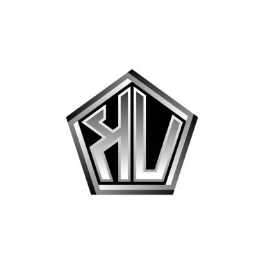 Modern geometrik gümüş şekilli KU Monogram logo harfi. Geometrik şekil yuvarlanmış, daire dikdörtgeni ve üçgen şekil logosu dizaynı