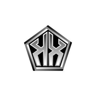 Modern geometrik gümüş stil tasarımlı KX Monogram logo harfi. Geometrik şekil yuvarlanmış, daire dikdörtgeni ve üçgen şekil logosu dizaynı