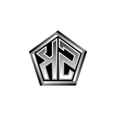 Modern geometrik gümüş stil tasarımlı KZ Monogram logo harfi. Geometrik şekil yuvarlanmış, daire dikdörtgeni ve üçgen şekil logosu dizaynı