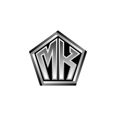 Modern geometrik gümüş şekilli MK Monogram logo harfi. Geometrik şekil yuvarlanmış, daire dikdörtgeni ve üçgen şekil logosu dizaynı