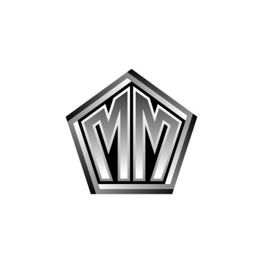 Modern geometrik gümüş stil tasarımlı MM Monogram logo harfi. Geometrik şekil yuvarlanmış, daire dikdörtgeni ve üçgen şekil logosu dizaynı