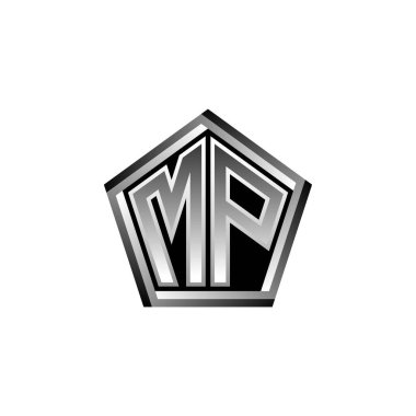 MP Monogram logo harfi modern geometrik gümüş stil tasarımı. Geometrik şekil yuvarlanmış, daire dikdörtgeni ve üçgen şekil logosu dizaynı