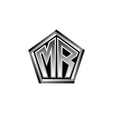 Modern geometrik gümüş şekilli MR Monogram logo harfi. Geometrik şekil yuvarlanmış, daire dikdörtgeni ve üçgen şekil logosu dizaynı