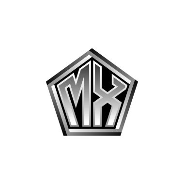 Modern geometrik gümüş stil tasarımlı MX Monogram logo harfi. Geometrik şekil yuvarlanmış, daire dikdörtgeni ve üçgen şekil logosu dizaynı