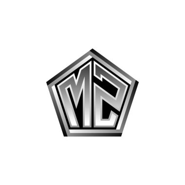 Modern geometrik gümüş stil tasarımlı MZ Monogram logo harfi. Geometrik şekil yuvarlanmış, daire dikdörtgeni ve üçgen şekil logosu dizaynı