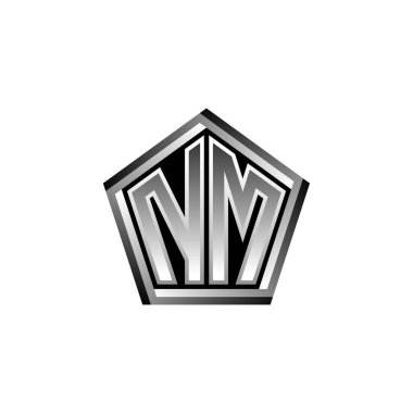 Modern geometrik gümüş şekilli NM Monogram logo harfi. Geometrik şekil yuvarlanmış, daire dikdörtgeni ve üçgen şekil logosu dizaynı