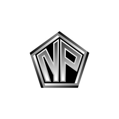 Modern geometrik gümüş şekilli NP Monogram logo harfi. Geometrik şekil yuvarlanmış, daire dikdörtgeni ve üçgen şekil logosu dizaynı
