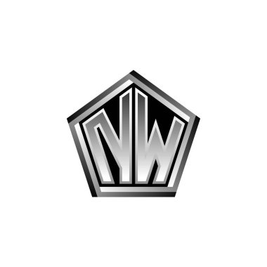 Modern geometrik gümüş stil tasarımlı NW Monogram logo harfi. Geometrik şekil yuvarlanmış, daire dikdörtgeni ve üçgen şekil logosu dizaynı