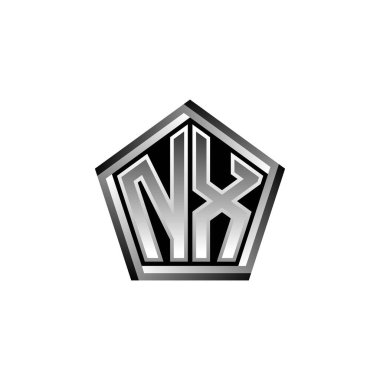 Modern geometrik gümüş şekilli NX Monogram logo harfi. Geometrik şekil yuvarlanmış, daire dikdörtgeni ve üçgen şekil logosu dizaynı