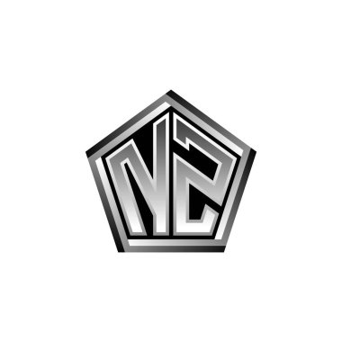 Modern geometrik gümüş şekilli NZ Monogram logo harfi. Geometrik şekil yuvarlanmış, daire dikdörtgeni ve üçgen şekil logosu dizaynı
