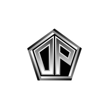 Modern geometrik gümüş stil tasarımlı OP Monogram logo harfi. Geometrik şekil yuvarlanmış, daire dikdörtgeni ve üçgen şekil logosu dizaynı