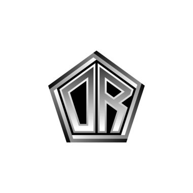 Veya modern geometrik gümüş şekilli logo harfli OR monogram. Geometrik şekil yuvarlanmış, daire dikdörtgeni ve üçgen şekil logosu dizaynı