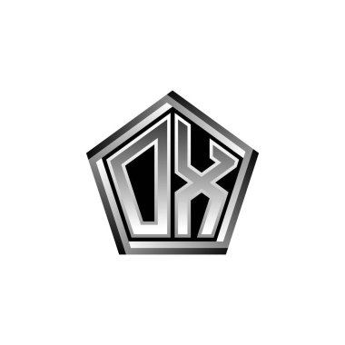 Modern geometrik gümüş şekilli OX Monogram logo harfi. Geometrik şekil yuvarlanmış, daire dikdörtgeni ve üçgen şekil logosu dizaynı