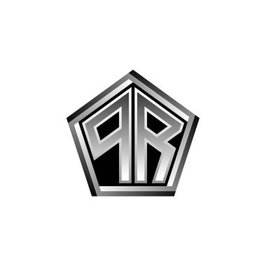 Modern geometrik gümüş tasarımlı PR monogram logo harfi. Geometrik şekil yuvarlanmış, daire dikdörtgeni ve üçgen şekil logosu dizaynı