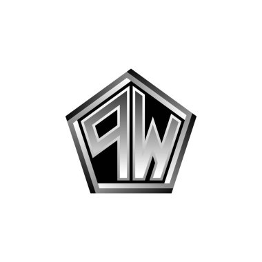 Modern geometrik gümüş şekilli PW Monogram logo harfi. Geometrik şekil yuvarlanmış, daire dikdörtgeni ve üçgen şekil logosu dizaynı