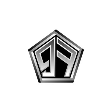 Modern geometrik gümüş stil tasarımlı QF Monogram logo harfi. Geometrik şekil yuvarlanmış, daire dikdörtgeni ve üçgen şekil logosu dizaynı
