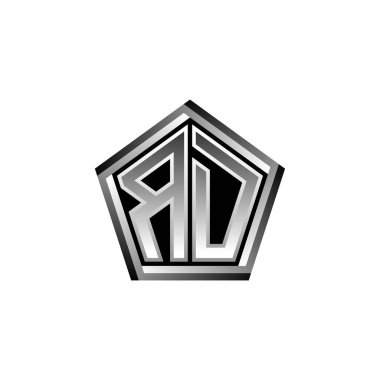 Modern geometrik gümüş şekilli RD Monogram logo harfi. Geometrik şekil yuvarlanmış, daire dikdörtgeni ve üçgen şekil logosu dizaynı