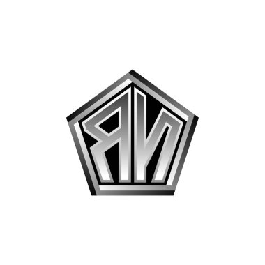 Modern geometrik gümüş şekilli RN Monogram logo harfi. Geometrik şekil yuvarlanmış, daire dikdörtgeni ve üçgen şekil logosu dizaynı
