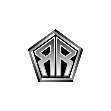Modern geometrik gümüş şekilli RR Monogram logo harfi. Geometrik şekil yuvarlanmış, daire dikdörtgeni ve üçgen şekil logosu dizaynı