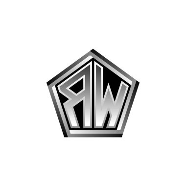 Modern geometrik gümüş şekilli RW Monogram logo harfi. Geometrik şekil yuvarlanmış, daire dikdörtgeni ve üçgen şekil logosu dizaynı