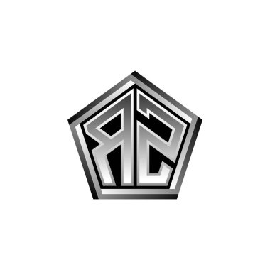 Modern geometrik gümüş şekilli RZ Monogram logo harfi. Geometrik şekil yuvarlanmış, daire dikdörtgeni ve üçgen şekil logosu dizaynı